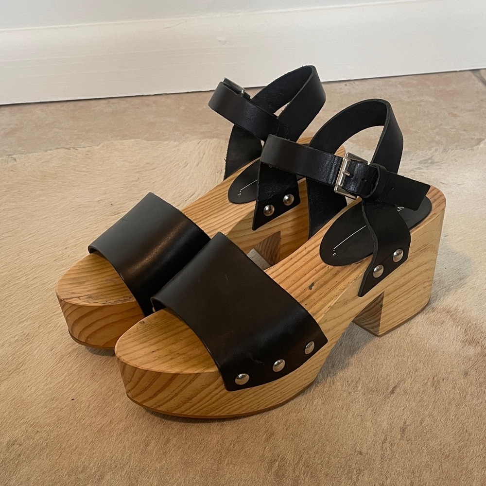 INTENTIONALLY BLANK Black Leather Wood Platform Sandals
